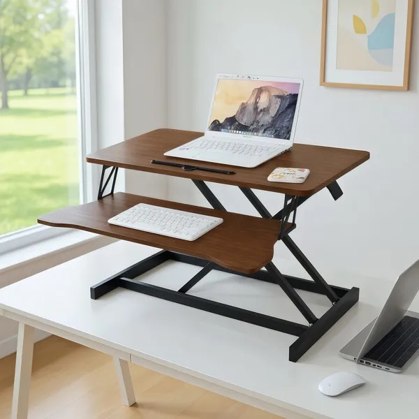 32 Inch Desk Converter, Height Adjustable Sit To Stand Riser, Dual Monitor And Laptop Workstation With Wide Keyboard Tray, Walnut Color - Image 3