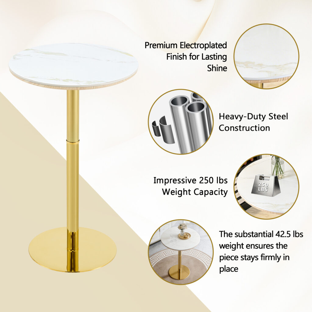Rock Slab Circular Tabletop Non Adjustable  39.5 Inches High  Bar Table, Bar Table With Gold Legs And Base  White Gold