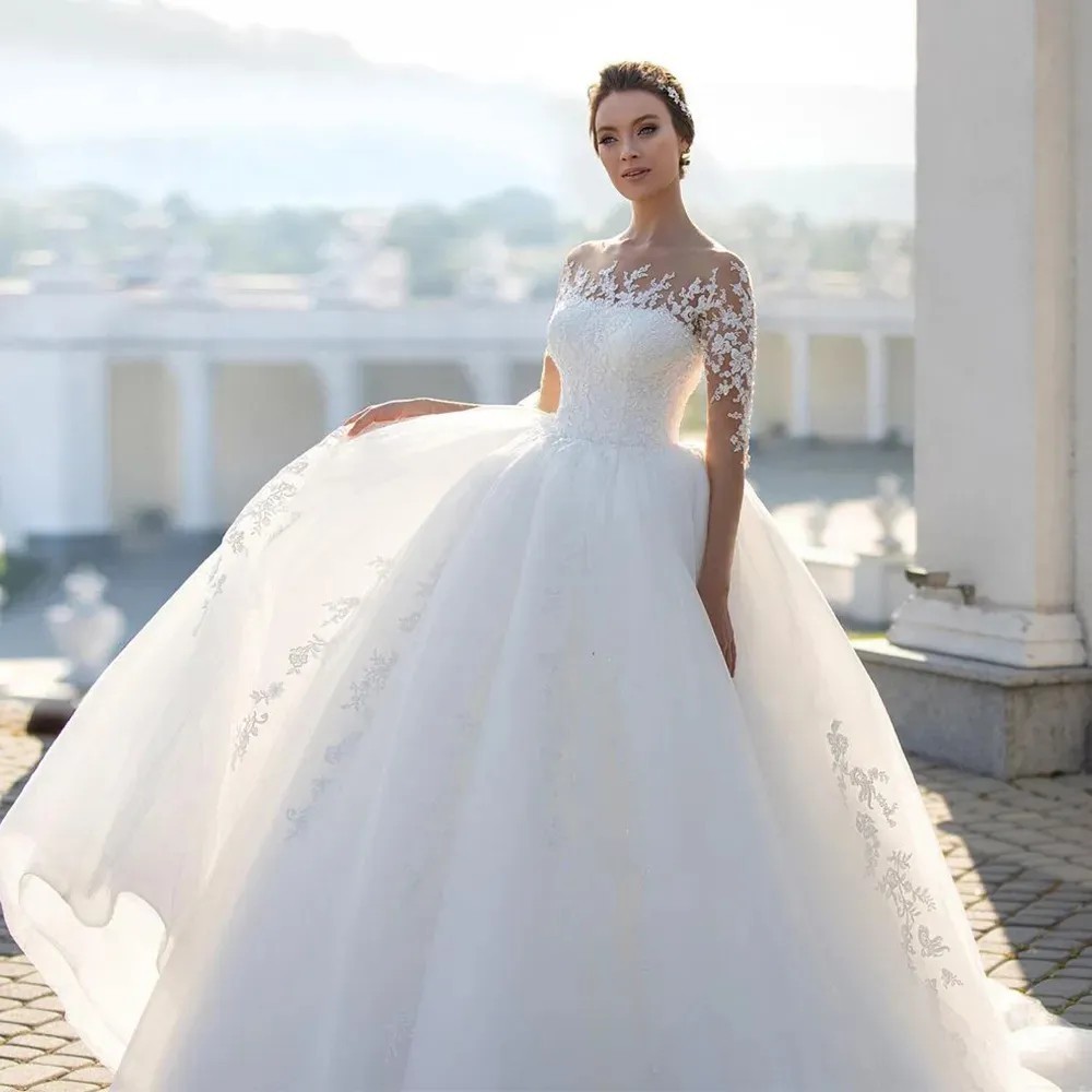 Bridal Mesh Long Sleeve Embroidered Wedding Dress - Image 6