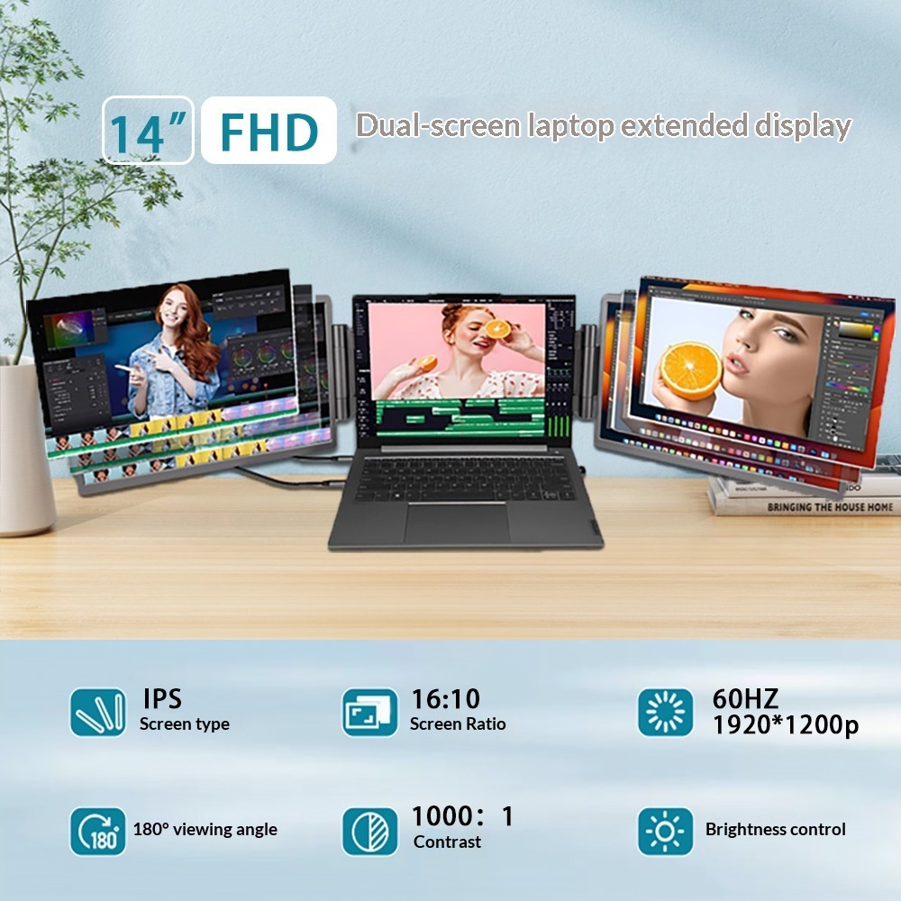 14-inch Dual-Screen Portable Monitor For Laptop External Display Extension - Image 1
