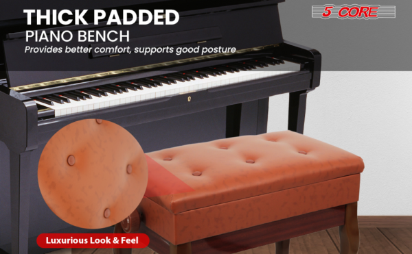 5 Core Piano Bench 3" Padded Cushioned Stool Wooden Heavy Duty Adjustable Musician Chair W Storage - PNB WD HD CML BR - Image 8