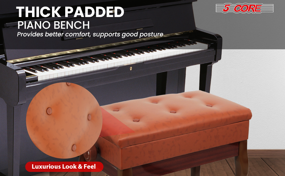 5 Core Piano Bench 3" Padded Cushioned Stool Wooden Heavy Duty Adjustable Musician Chair W Storage - PNB WD HD CML BR - Image 8
