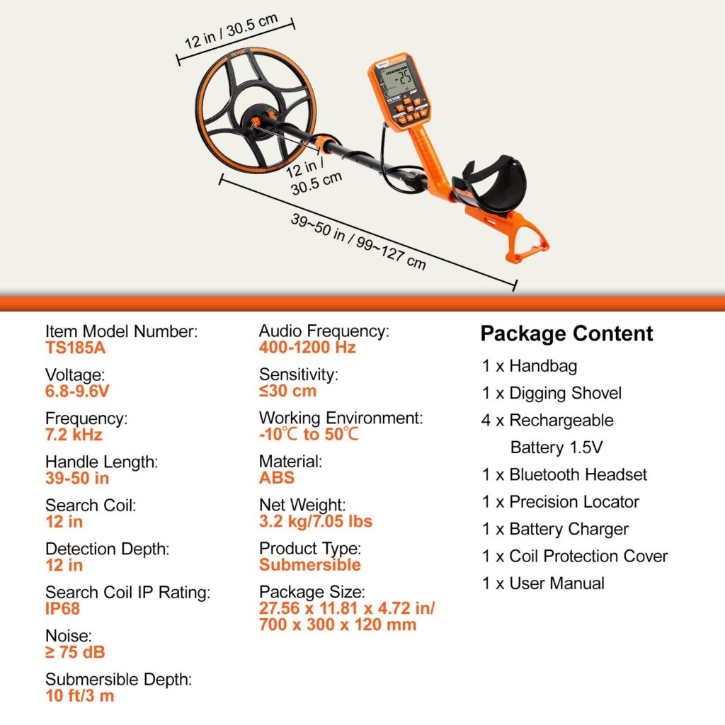 Waterproof Metal Detector, Professional Rechargeable Gold Detector, 39-50 In Adjustable With LCD 7 Modes Advanced DSP Chip Bluetooth Headset, IP68 For Detecting Gold Treasure Hunting