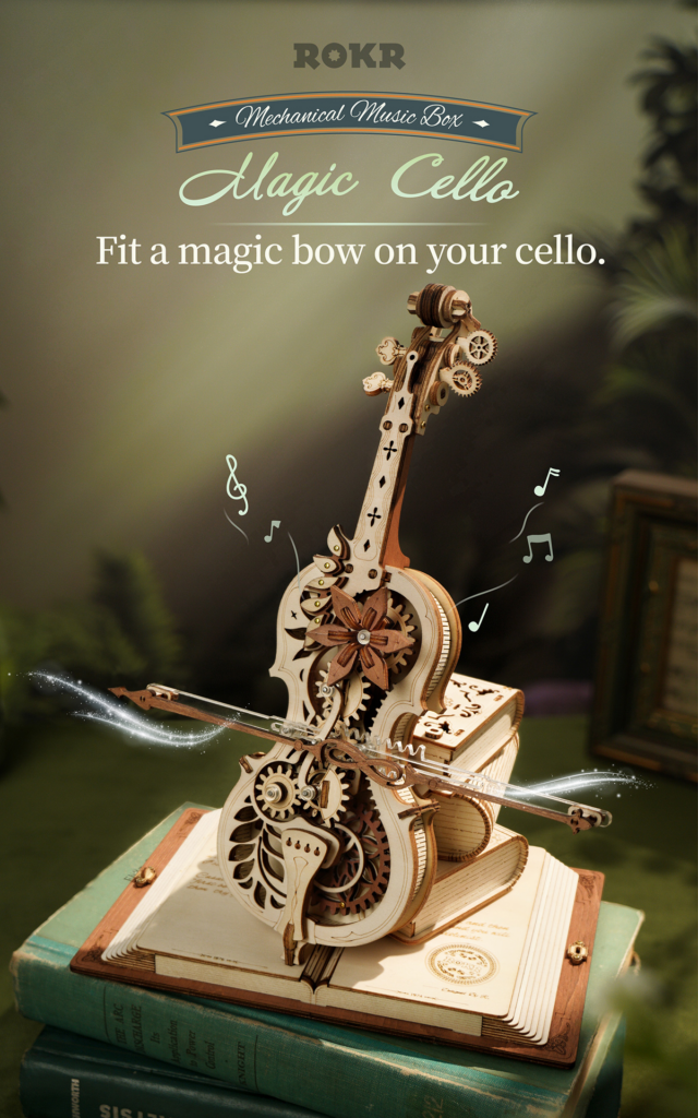 Robotime ROKR Magic Cello Mechanical Music Box Moveable Stem Funny Creative Toys For Child Girls 3D Wooden Puzzle AMK63
