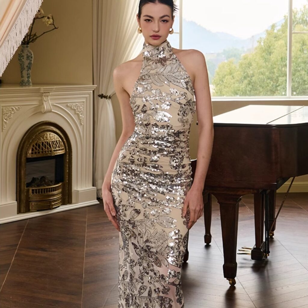 Sequined Bling Mesh Halter Maxi Dress