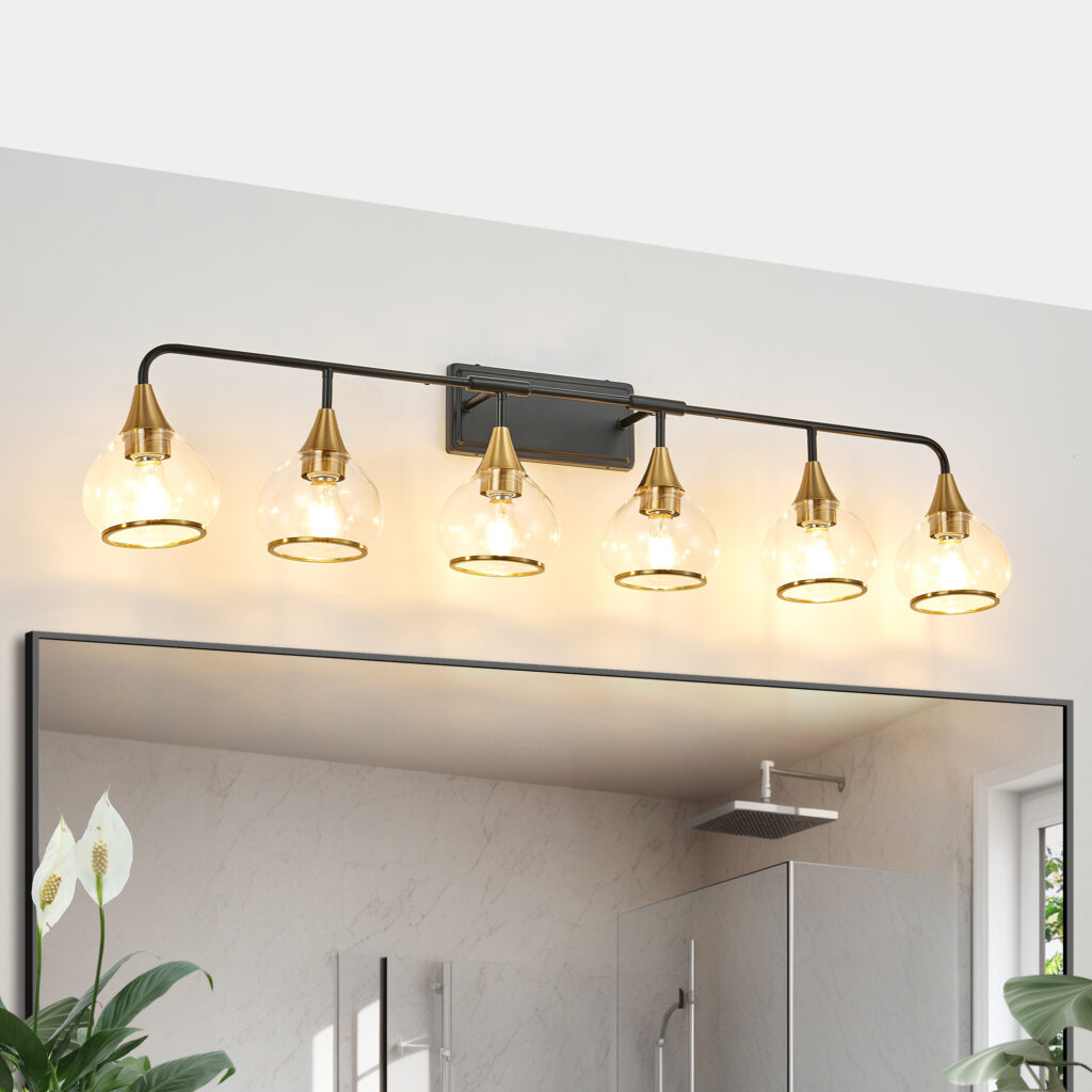 48in  Modern 6-Light Vanity Wall Sconce - Black And Gold Bathroom Light Fixture With Clear Glass Shades, Industrial Wall Mounted Lamp For Mirror, Vanity, And Living Spaces  Bulb Not Included