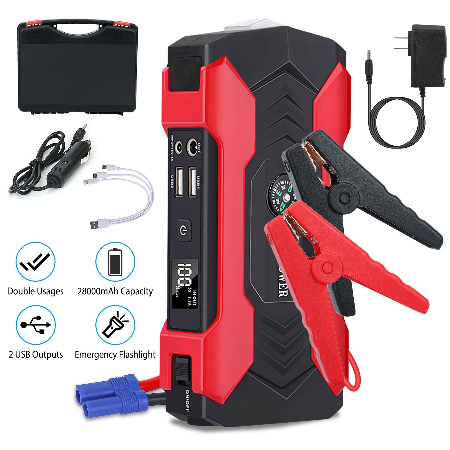 Car Jump Starter Booster 800A Peak 28000mAh 12V Battery Charger Up To 6.0L Gas Or 3.0L Diesel Engine With LCD Screen 4 Modes LED Flashlight - Image 1