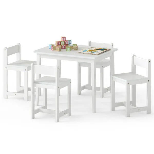 Kids Wooden Table And Chairs Set (1 Table + 4 Chairs), Rubber Wood Toddler Activity Set (White) - Image 12
