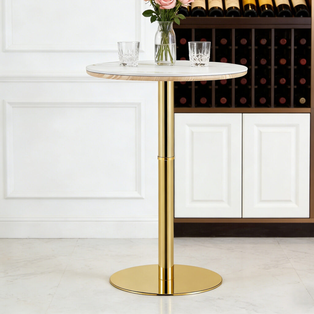 Rock Slab Circular Tabletop Non Adjustable  39.5 Inches High  Bar Table, Bar Table With Gold Legs And Base  White Gold