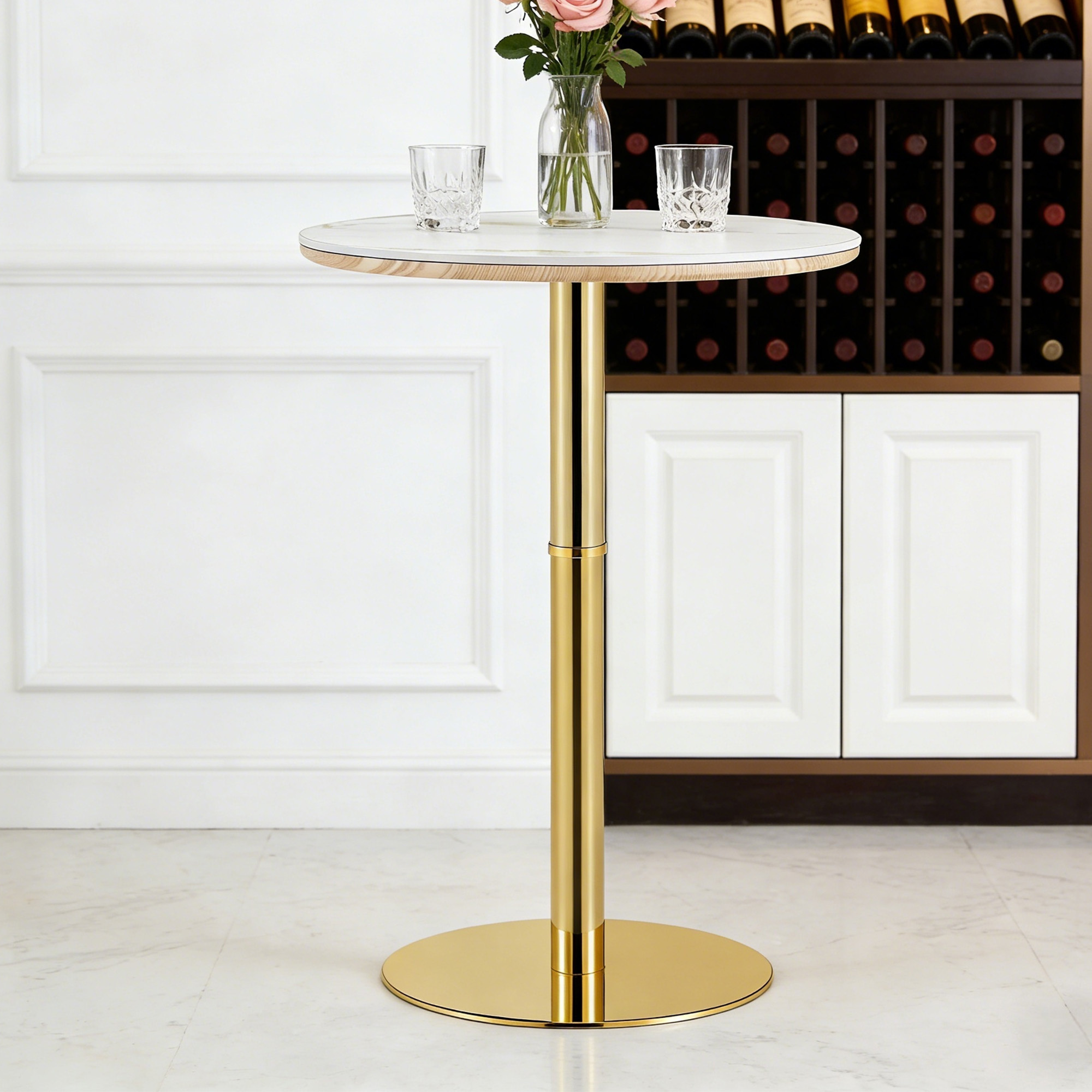 Rock Slab Circular Tabletop Non Adjustable  39.5 Inches High  Bar Table, Bar Table With Gold Legs And Base  White Gold - Image 5