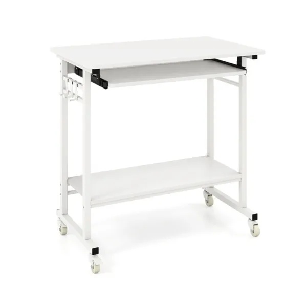 White Mobile Computer Desk With Keyboard Tray & Storage Shelf, 360 Lockable Casters For Home Office - Image 4