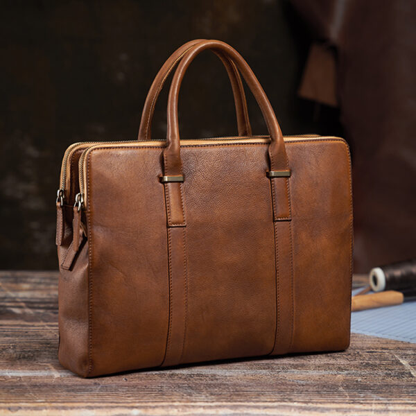 Vintage Vegetable Tanned Leather Men's First Layer Cowhide Casual Business Handbag - Image 15
