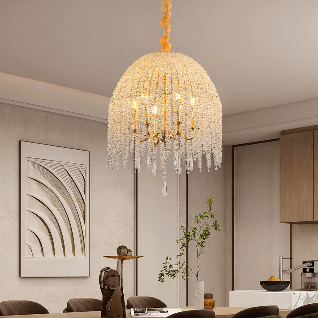 20 Inch 6 Light K9 Crystal Pendant Light Chandelier Elegant Waterfall Design With Cascading Crystal Bead Strings And Gold Finish For Living Room, Bedroom, Or Dining Area Bulb Not Included