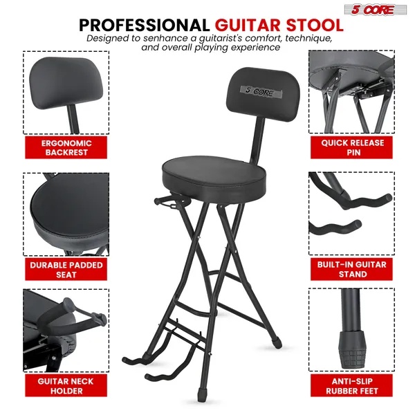 5Core Guitar Stool Adjustable Backrest Piano Chair 3.15" Padded Seat Music Stand - Image 2