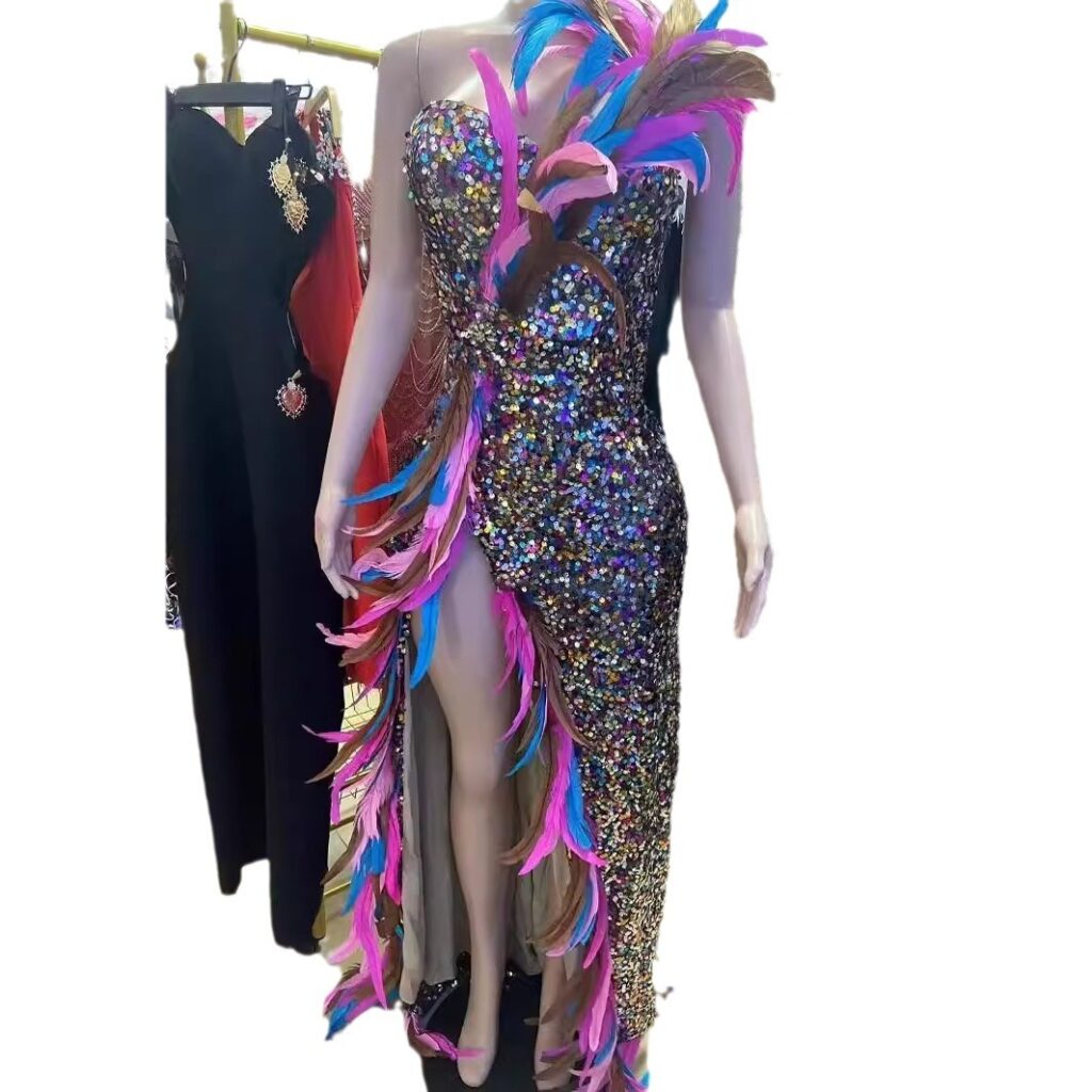 Women's Color Feather Sequins High Slit Tube Top Dress