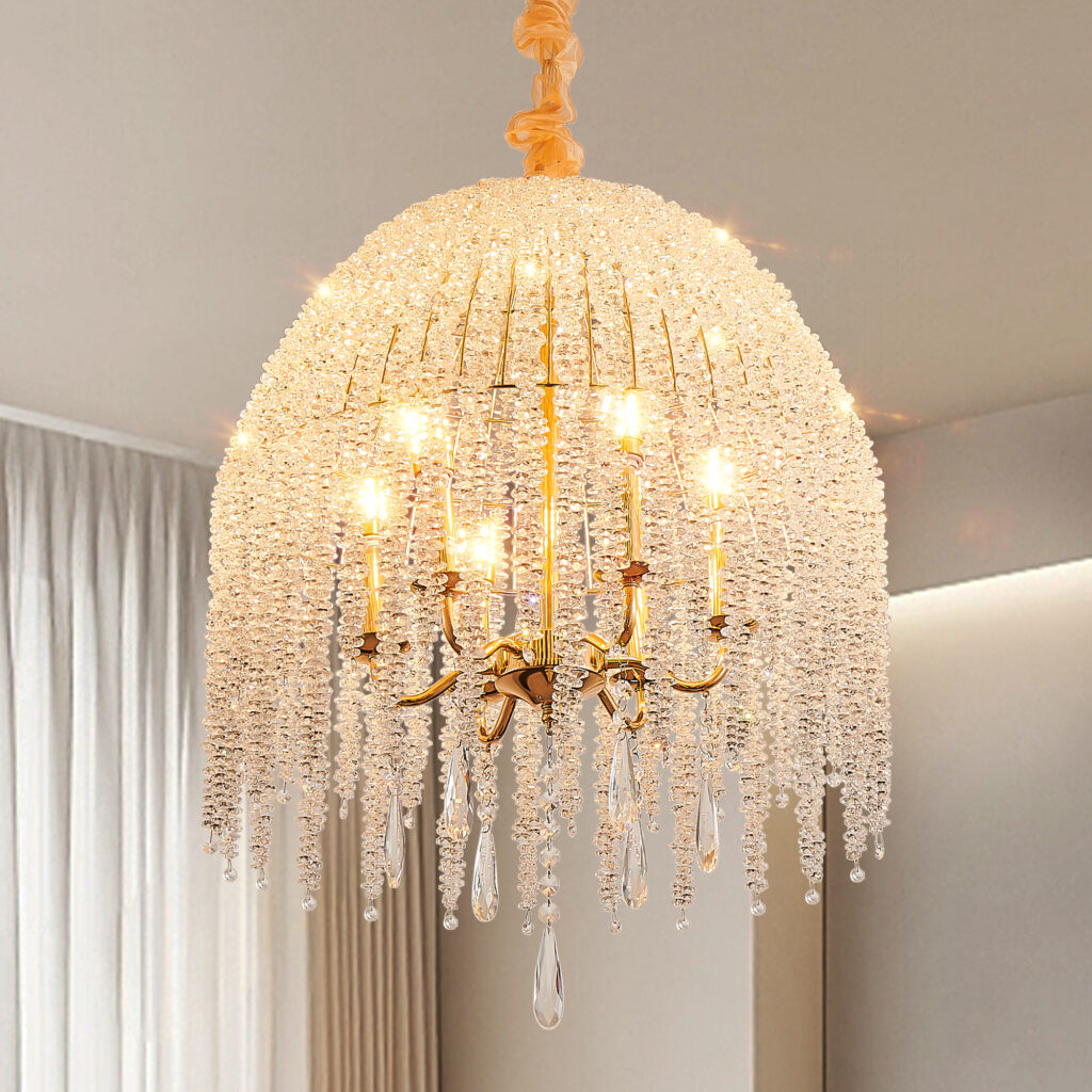 20 Inch 6 Light K9 Crystal Pendant Light Chandelier Elegant Waterfall Design With Cascading Crystal Bead Strings And Gold Finish For Living Room, Bedroom, Or Dining Area Bulb Not Included