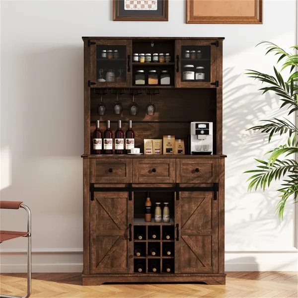 Brown Farmhouse 72" Pantry Cabinet With Hutch, Sliding Barn Doors & Wine Storage Rack - Image 4