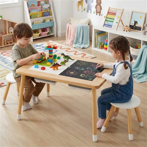 All-in-One Kids Activity Table And Chairs Set, Pine Wood Sensory Table With Foldable Storage Bins For Ages 3+ - Image 3