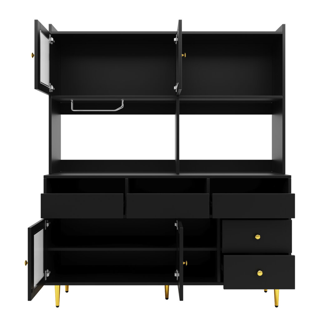 Multi-purpose Storage Cabinet145 X 39 X 171 Cm Modern Design, With Changhong Glass Door, Wine Glass Holder, Multi-layered Storage Space, Black With Gold Decoration, Suitable For Home And Restaurant
