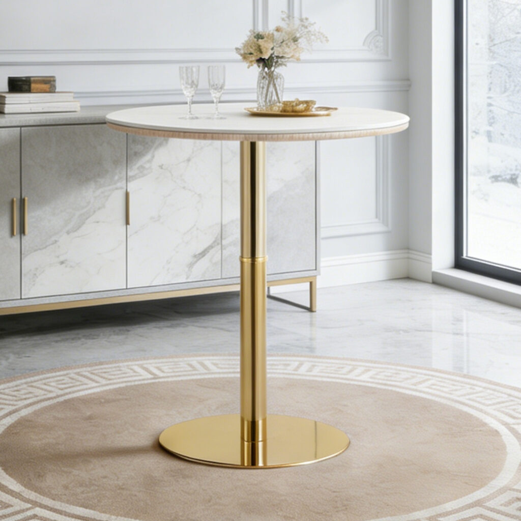 Rock Slab Circular Tabletop Non Adjustable  39.5 Inches High  Bar Table, Bar Table With Gold Legs And Base  White Gold