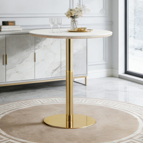 Rock Slab Circular Tabletop Non Adjustable  39.5 Inches High  Bar Table, Bar Table With Gold Legs And Base  White Gold - Image 15