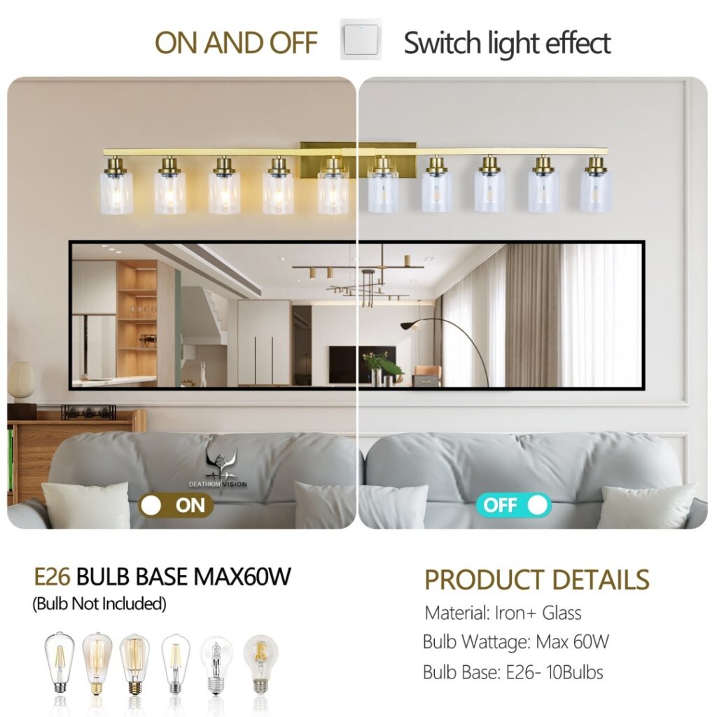 10 Light Gold Vanity Lights For Mirror, 52inch Modern Gold Bathroom Wall Lighting For Bedroom, Living Room