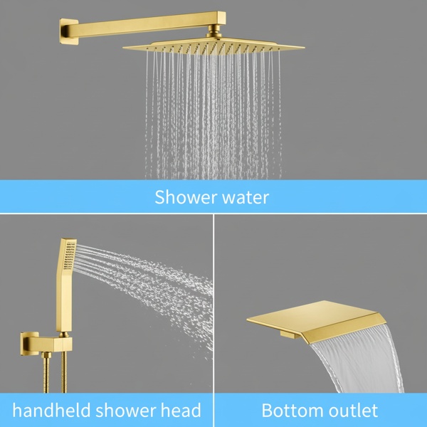 Rain Shower System Brushed Gold Tub Shower Faucet Set 10 Inch Square Rainfall Shower Head With Handheld Sprayer And Waterfall Tub Spout[Unable Ship Weekends, TK/TEMU Only For Pickup] - Image 3