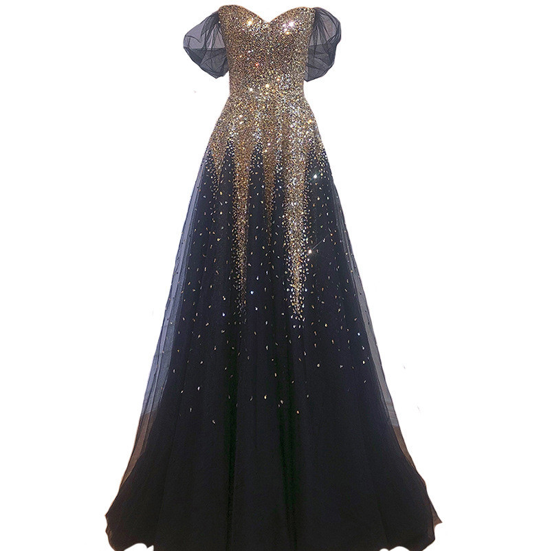 Black Gold One Word Shoulder Hosting Banquet Bride Toasting Evening Dress - Image 10
