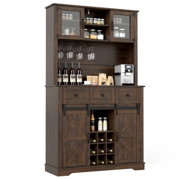 Brown Farmhouse 72" Pantry Cabinet With Hutch, Sliding Barn Doors & Wine Storage Rack - Image 6