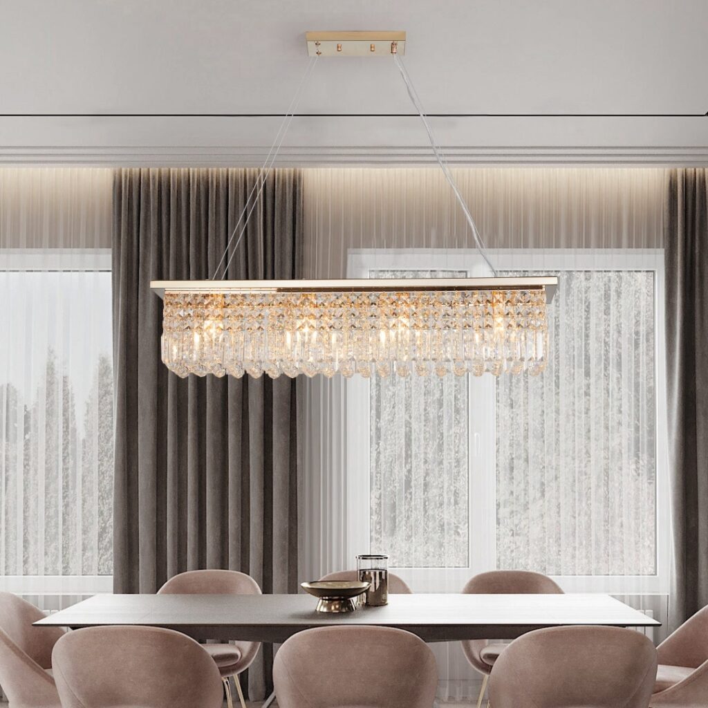 Modern Crystal Chandelier For Dining Room 8-Light Gold Rectangle Raindrop Chandelier Contemporary Rectangular Pendant Light Fixture For Kitchen Island Bar L39.4 X W9.8 X H8.7 Bulb Not Included