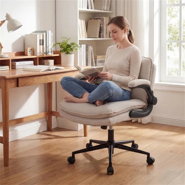 Criss Cross Chair With Flip-Up Arms, Faux Leather Cross Legged Office Chair With Adjustable Height & Rocking Function -Beige - Image 5