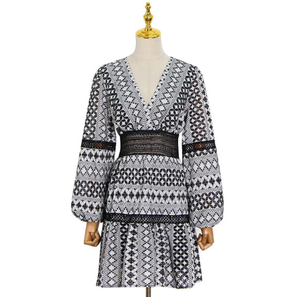 Women's Deep V Neck Puff Sleeves Slim Waist Dress - Image 18