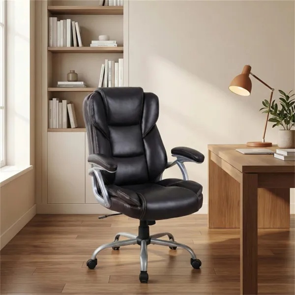 Ergonomic Executive Office Chair With Contoured Backrest, Adjustable Height & Recline For Home Office-Brown - Image 4