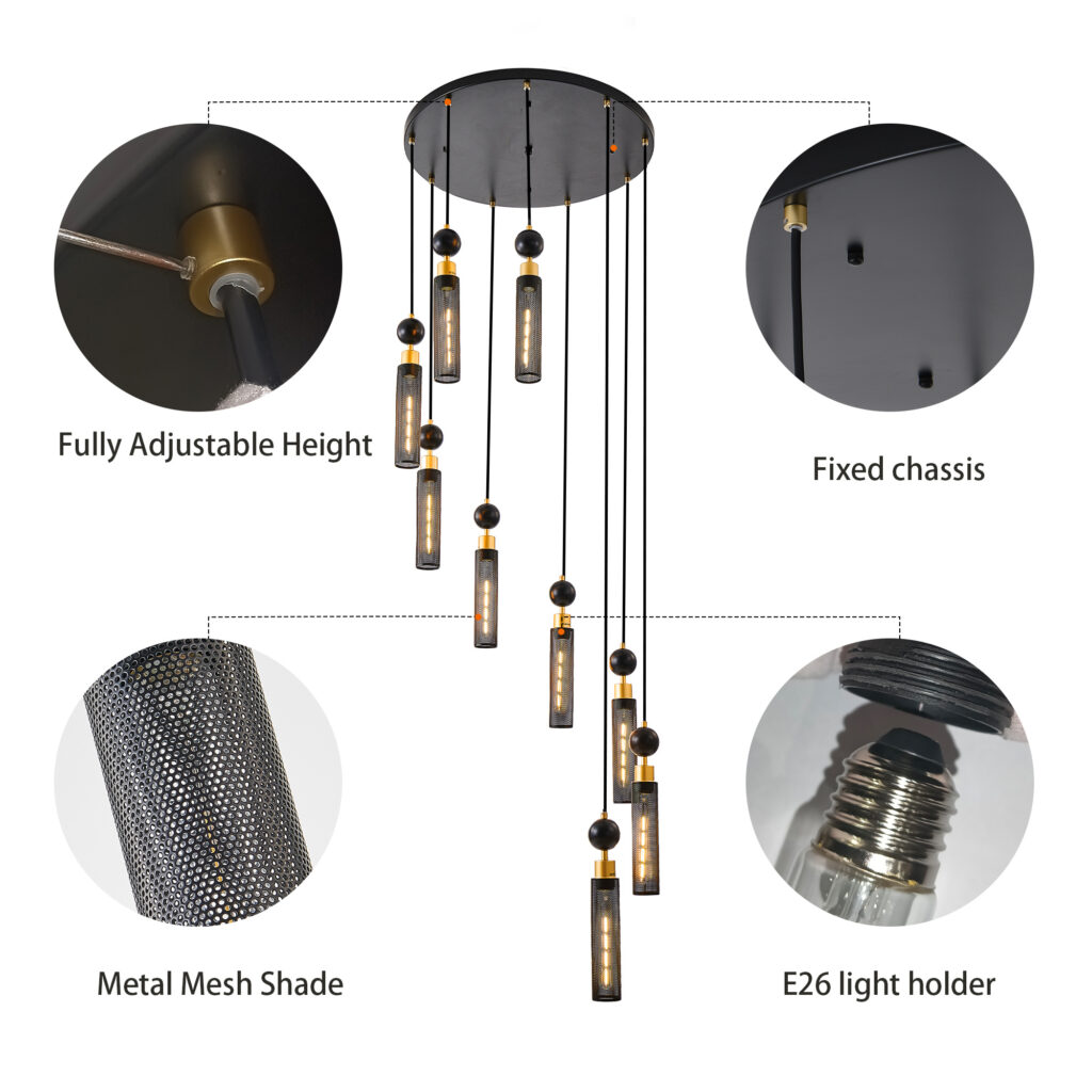 24 Modern Industrial Multi-Light Pendant Chandelier - 9-Light Black And Gold Adjustable Ceiling Light Fixture With Mesh Cylinder Shades For Living Room, Dining Room, Or Staircase Bulb Not Included