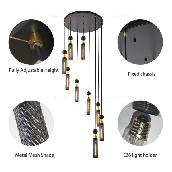 24 Modern Industrial Multi-Light Pendant Chandelier - 9-Light Black And Gold Adjustable Ceiling Light Fixture With Mesh Cylinder Shades For Living Room, Dining Room, Or Staircase Bulb Not Included - Image 7