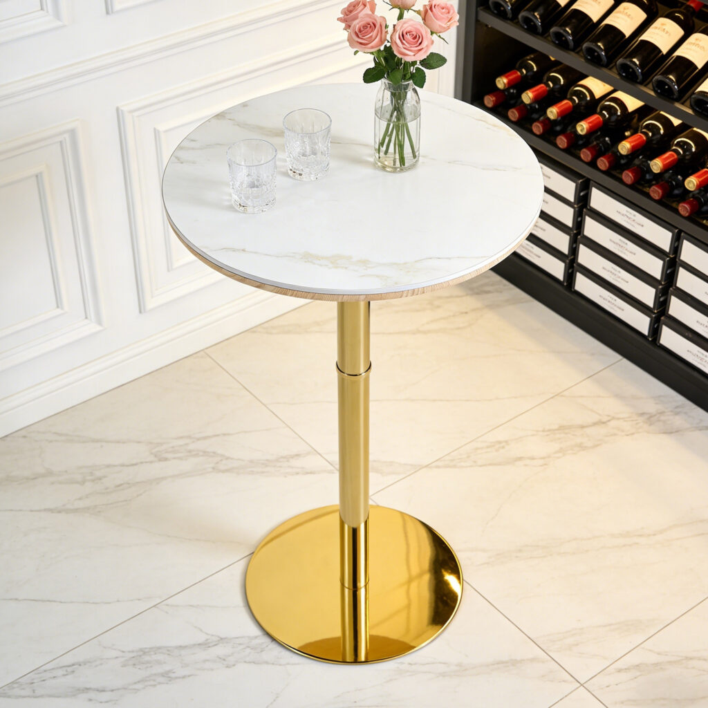 Rock Slab Circular Tabletop Non Adjustable  39.5 Inches High  Bar Table, Bar Table With Gold Legs And Base  White Gold