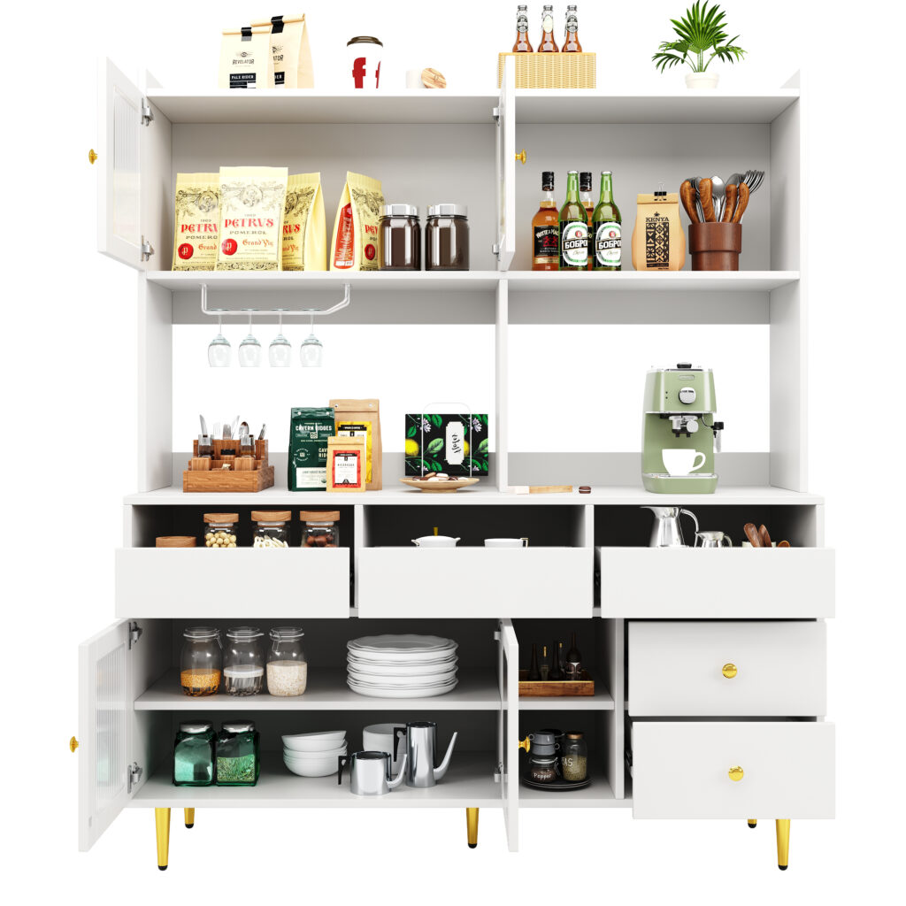 Multi-purpose Storage Cabinet145 X 39 X 171 Cm, Modern Design, With Changhong Glass Door, Wine Glass Holder, Multi-layered Storage Space, White With Gold Decoration, Suitable For Home And Restaurant