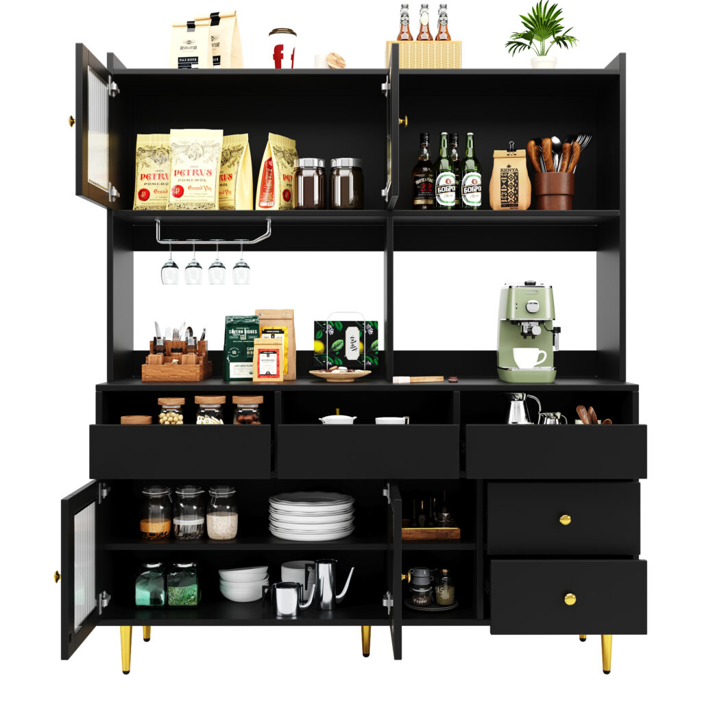Multi-purpose Storage Cabinet145 X 39 X 171 Cm Modern Design, With Changhong Glass Door, Wine Glass Holder, Multi-layered Storage Space, Black With Gold Decoration, Suitable For Home And Restaurant