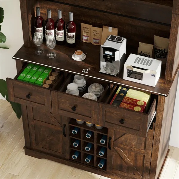 Brown Farmhouse 72" Pantry Cabinet With Hutch, Sliding Barn Doors & Wine Storage Rack - Image 2