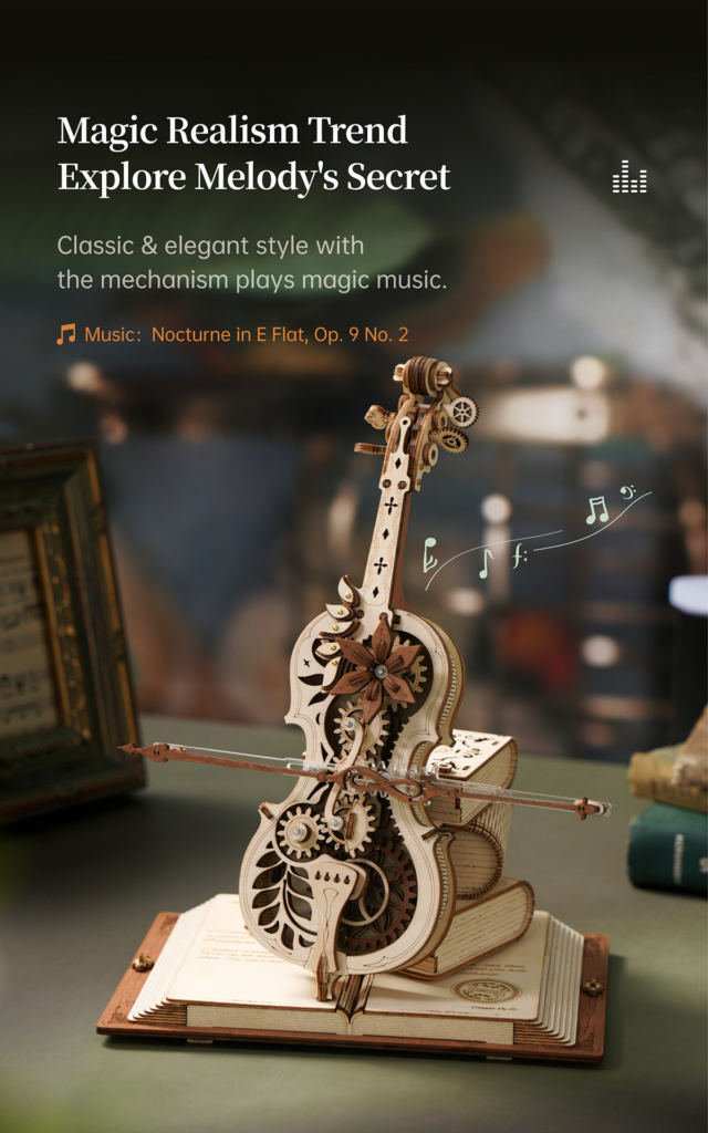 Robotime ROKR Magic Cello Mechanical Music Box Moveable Stem Funny Creative Toys For Child Girls 3D Wooden Puzzle AMK63