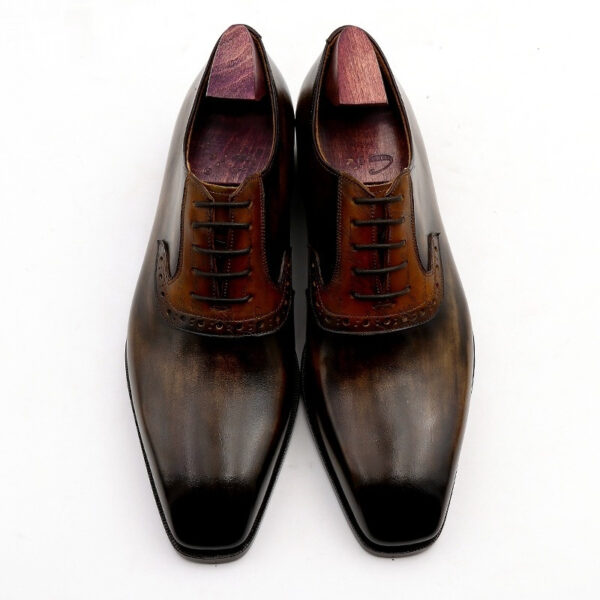 Cowhide Colorblock Handmade Calfskin Sole Lace Up Breathable Men's Shoes - Image 4