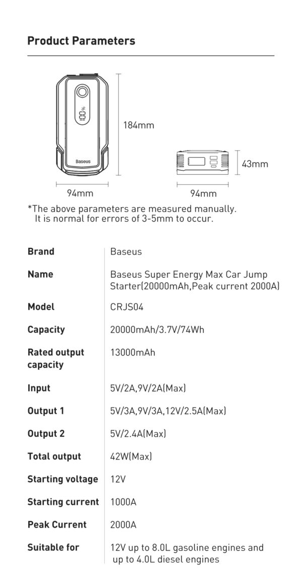 Baseus Super Energy Max Car Emergency Starter  20000mAh Peak Current 2000A Black - Image 22