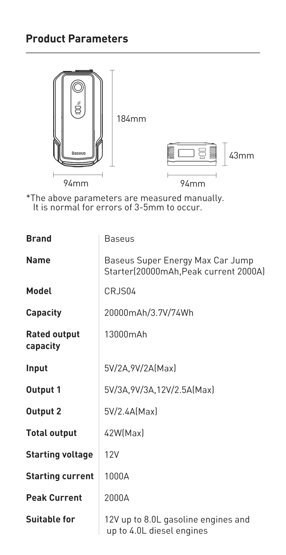 Baseus Super Energy Max Car Emergency Starter  20000mAh Peak Current 2000A Black - Image 22