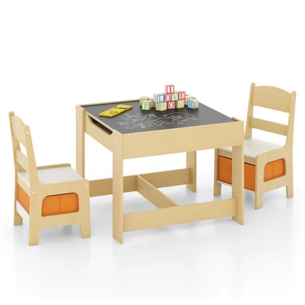2-in-1 Kids Activity Table And Chairs Set, Double-Sided Whiteboard & Blackboard, With Hidden Storage, Certified Non-Toxic MDF, Perfect Gift For 3-7 Years Old (Natural) - Image 5