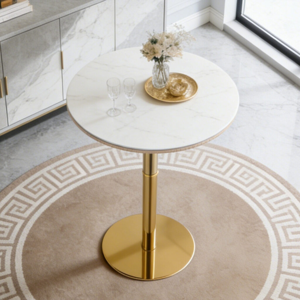 Rock Slab Circular Tabletop Non Adjustable  39.5 Inches High  Bar Table, Bar Table With Gold Legs And Base  White Gold