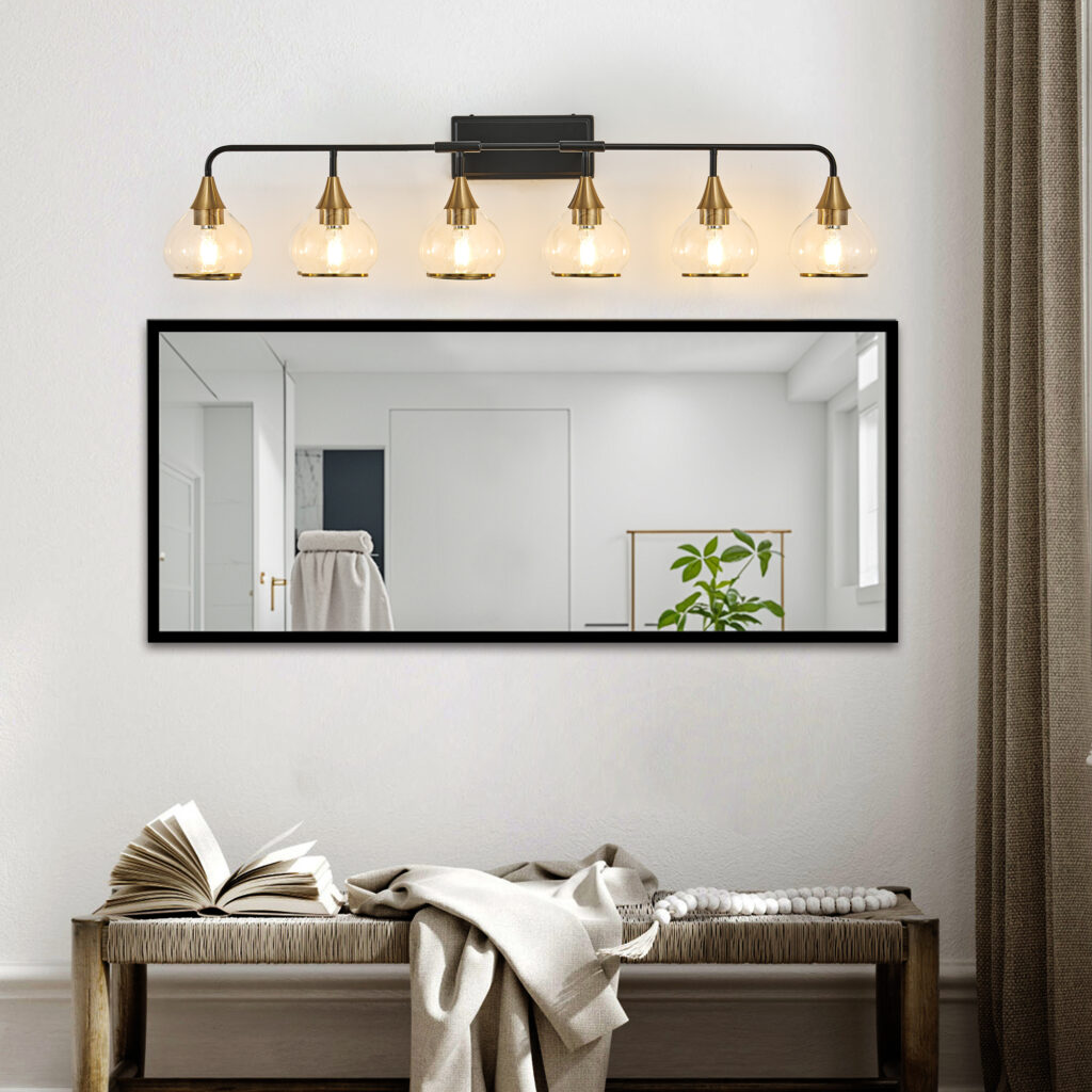 48in  Modern 6-Light Vanity Wall Sconce - Black And Gold Bathroom Light Fixture With Clear Glass Shades, Industrial Wall Mounted Lamp For Mirror, Vanity, And Living Spaces  Bulb Not Included