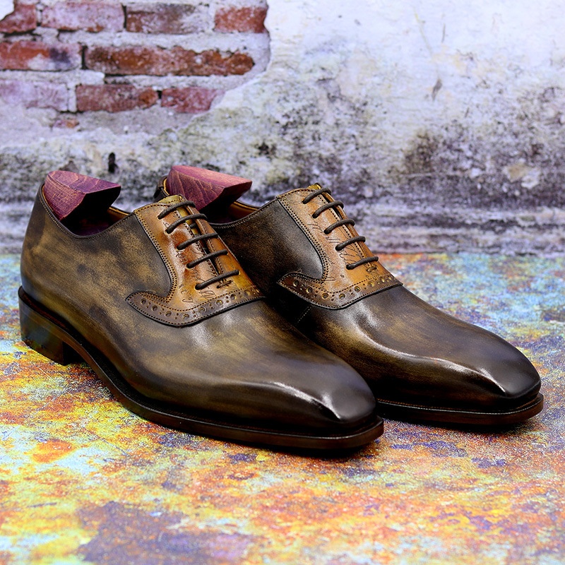 Cowhide Colorblock Handmade Calfskin Sole Lace Up Breathable Men