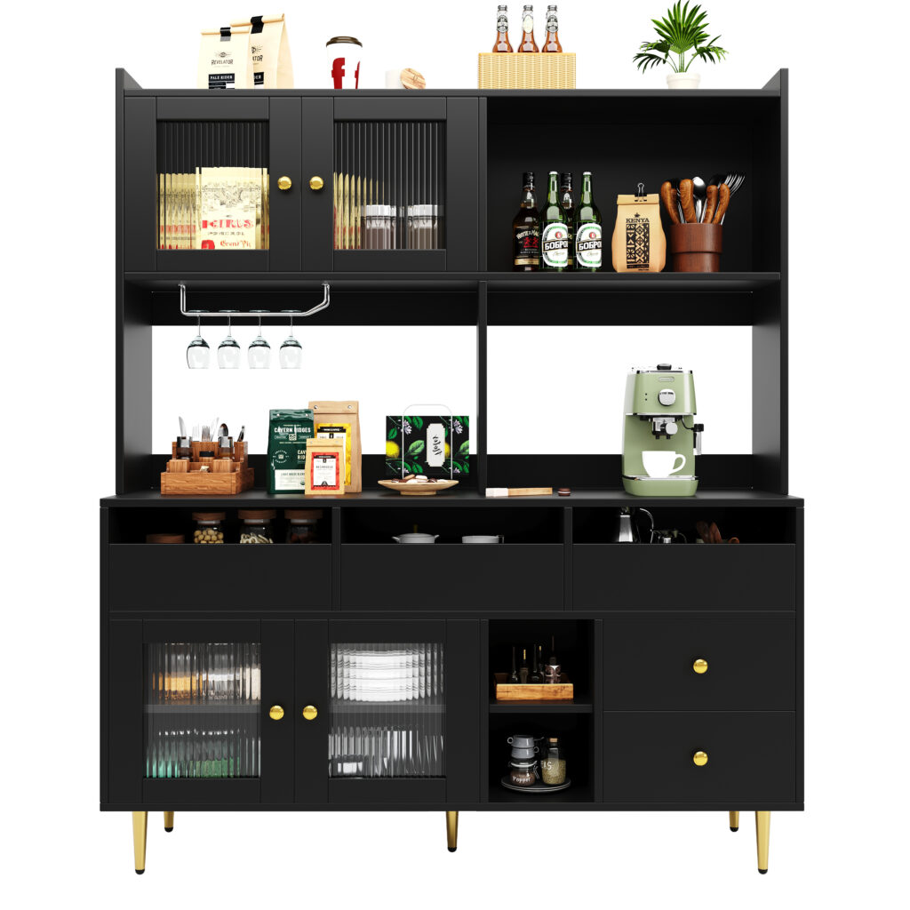 Multi-purpose Storage Cabinet145 X 39 X 171 Cm Modern Design, With Changhong Glass Door, Wine Glass Holder, Multi-layered Storage Space, Black With Gold Decoration, Suitable For Home And Restaurant