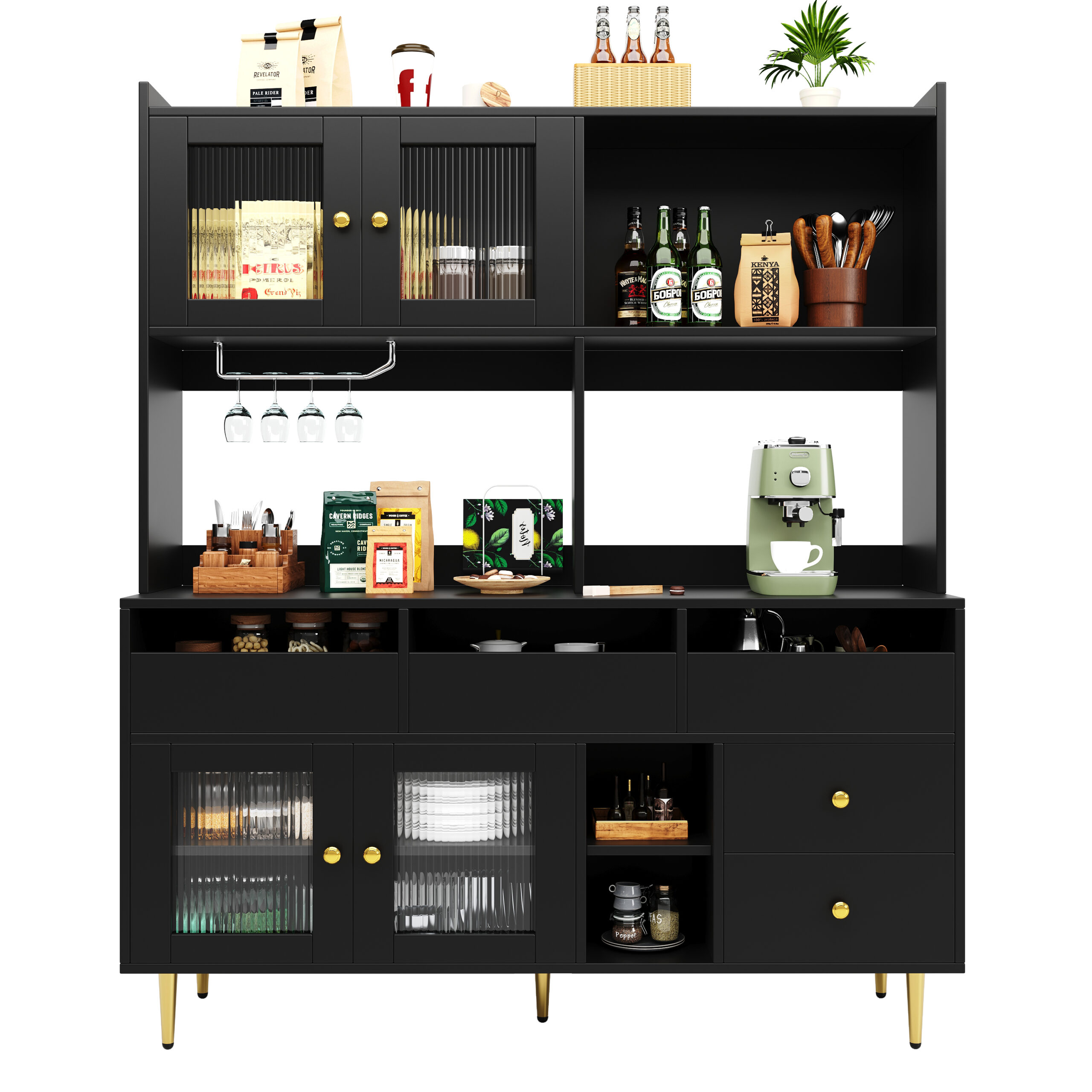 Multi-purpose Storage Cabinet145 X 39 X 171 Cm Modern Design, With Changhong Glass Door, Wine Glass Holder, Multi-layered Storage Space, Black With Gold Decoration, Suitable For Home And Restaurant - Image 10