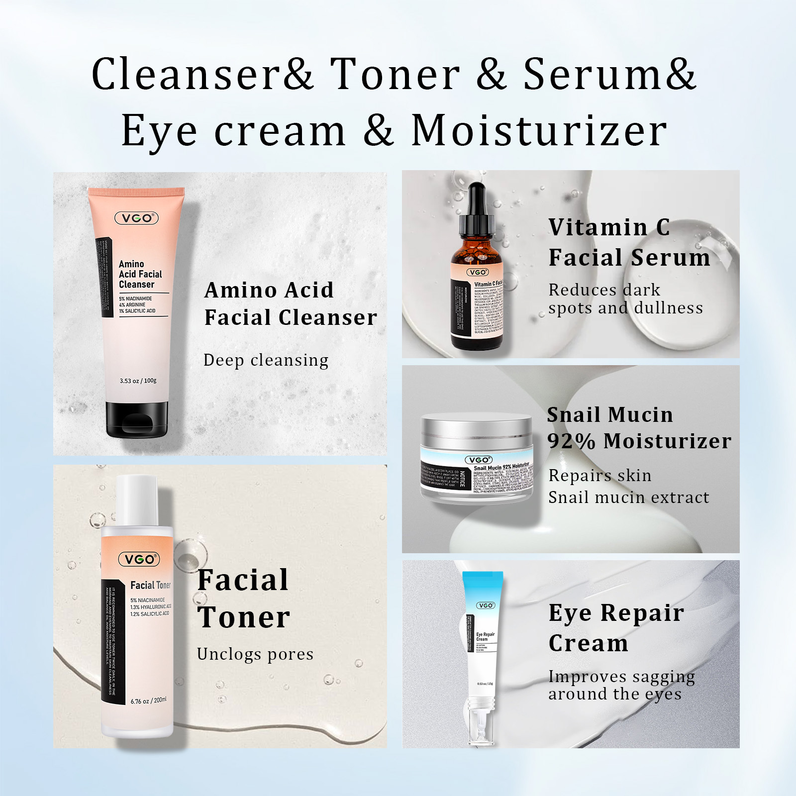 SKINCARE 5-STEP ROUTINE CLEANSER - TONER - SERUM -EYE CREAM - MOISTURIZER - Image 2